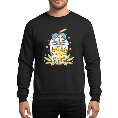 Kawaii Aesthetic Lovers' Cheerful Banana Smoothie Cup, Blue Dolphins, Ocean Waves, Yellow Stars, Green Palms Sweatshirt