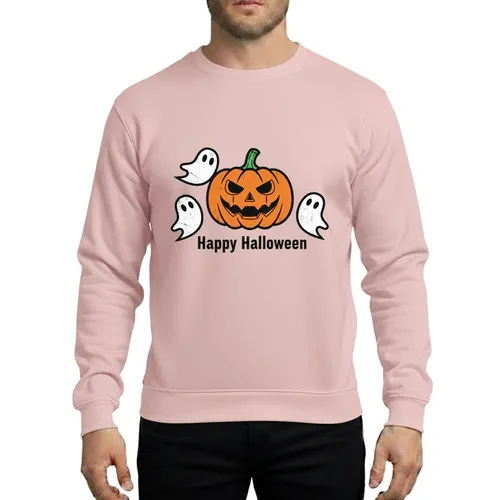 Halloween Gamers' Rustic Orange Jack-o'-Lantern, Green Stem, Playful White Ghosts, Distressed Black 'Happy Halloween' Flat Art Sweatshirt