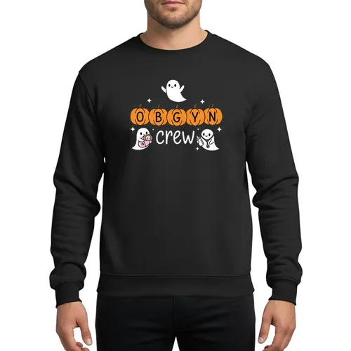 OBGYN Crew Halloween Whimsical Orange Pumpkins O B G Y N Letters Friendly Ghost Trio Baby Stethoscope Bottle Pink Blue Accents Cartoon Art Sweatshirt