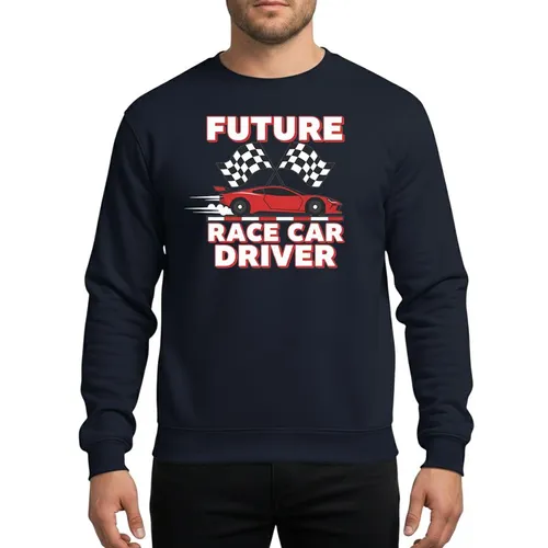Kids' Dynamic Future Race Car Driver Graphic with Red Racecar, Checkered Flags, White & Red Outline Text Sweatshirt