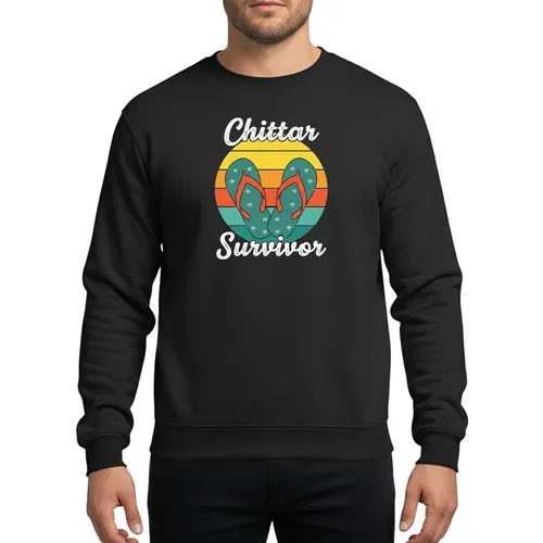 Desi Punjabi Community Retro Yellow Orange Teal Emblem, Playful Red Flip-Flops, Bold White Text Sweatshirt