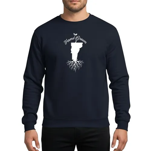 Vermont Lovers' Solid White Home Grown Script, State Silhouette, Elegant Sprout & Roots Sweatshirt