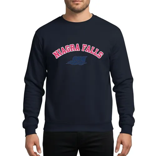 Niagara Falls Travelers & Locals Retro Collegiate Arched Niagara Falls Hot Pink White Outline Dark Blue Waterfall Graphic Sweatshirt