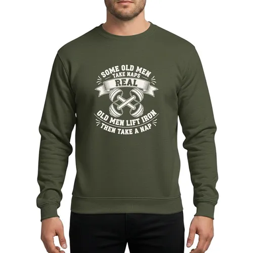 Weightlifting Men's Bold White Distressed Retro Typographic Dumbbells with 'Lift Iron Nap' Motto Sweatshirt