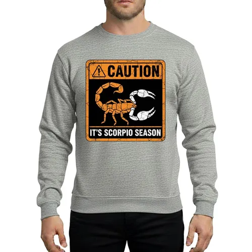 Scorpio Enthusiasts' Distressed Yellow Black White CAUTION IT'S SCORPIO SEASON Warning Sign Stylized Scorpion Grunge Sweatshirt
