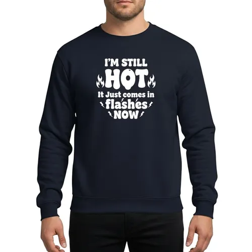 Humorous Adults' White Retro Typography Graphic Design with Melting 'HOT' Text, Flames, & Lightning Sweatshirt