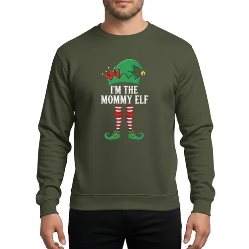 Moms' Playful 'I'm The Mommy Elf' Green Red Crown Hat Golden Jingle Bell Striped Socks Sweatshirt