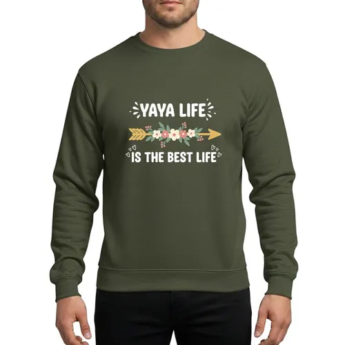 Yaya Life Lover Whimsical Hand-Drawn White Script with Golden Feathered Arrow & Cream Pink Floral Garland Sweatshirt
