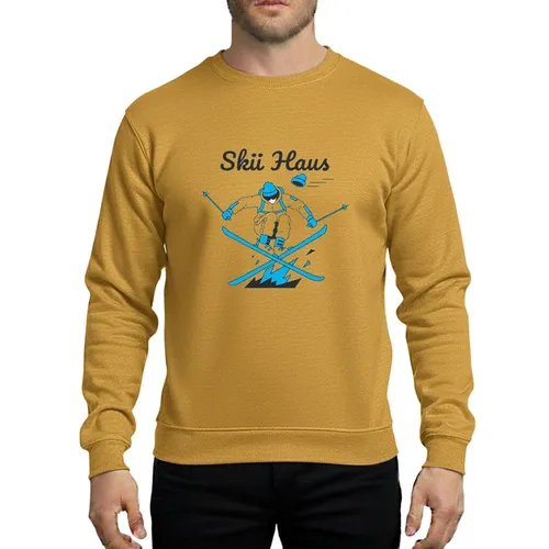 Ski Enthusiasts' Dynamic Mid-Air Skier Trick Hot Pink Electric Blue Magenta 'Skii Haus' Rope Cursive Retro Graphic Sweatshirt