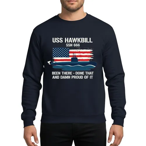 US Navy Submarine Veteran Distressed White Stencil Hawkbill SSN 666, Navy Sub, Teal Water, Abstract US Flag, Patriotic Slogan Sweatshirt