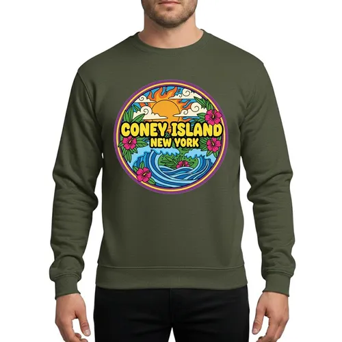 Coney Island Vacationers Vibrant Cartoon Design, Yellow Bubbly Text, Orange Sun, Blue Waves, Green Leaves & Pink Hibiscus Sweatshirt