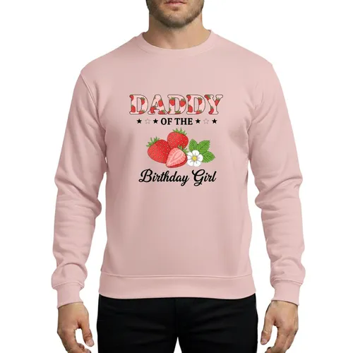 Fathers of Birthday Girls Bold Red Strawberry Patterned 'DADDY' with Elegant 'Birthday Girl' Script and Pink Stars Sweatshirt
