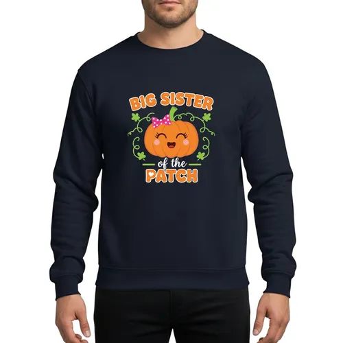 Big Sisters' Cheerful Flat Orange Pumpkin, Pink Polka Dot Bow, Green Vines, 'Big Sister of the Patch' Halloween Theme Sweatshirt