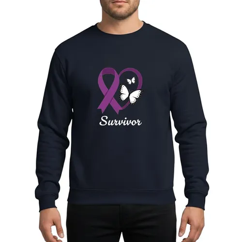 Empowerment Seekers' Bold Royal Purple Heart Ribbon, Integrated Loop, Ascending White Butterflies, Graceful 'Survivor' Script Sweatshirt