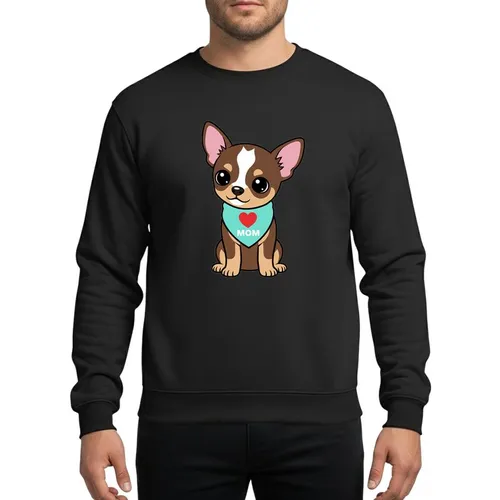 Chihuahua Lovers' Cheerful Brown Tan Cartoon Puppy Light Cyan Bandana Red Heart MOM Graphic Sweatshirt