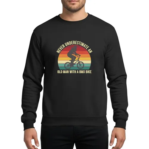 Vintage BMX Enthusiasts Retro Distressed Dark Red Orange Yellow Teal Cream Sunset Stripe BMX Rider Sweatshirt