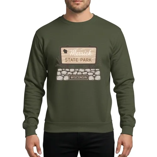 Wisconsin Park & Travel Enthusiasts' Vintage Beige Brown State Sign Art with Stone Structure & Pine Branches Sweatshirt