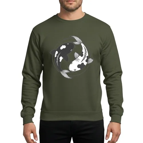 Asian Art Lovers' Hand-Drawn Black White Grey Koi Fish Yin Yang Circle Art Sweatshirt