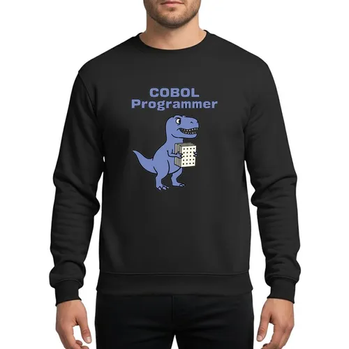 COBOL Programmers & Dinosaur Fans Muted Periwinkle Blue Cartoon T-Rex Holding Retro Punch Cards with Bold COBOL Programmer Text Sweatshirt