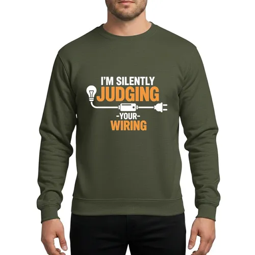 Tech & DIY Enthusiasts' Bold Flat Vector White & Yellow 'I'M SILENTLY JUDGING YOUR WIRING' Electrical Design Sweatshirt
