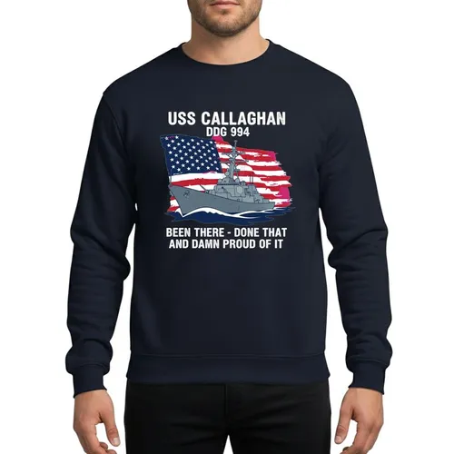 Naval History Enthusiasts' USS Callaghan DDG 994 Destroyer, Distressed American Flag, Patriotic Stencil Sweatshirt