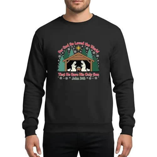 Faithful Christmas Celebrants' Rustic Nativity Deep Forest Green Red John 3:16 Flat Art Sweatshirt