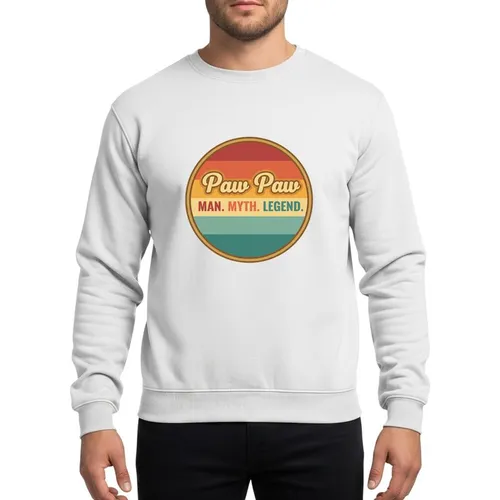 Grandfather Paw Paw Vintage Retro Muted Red Orange Yellow Teal Striped Circle 'Paw Paw Man Myth Legend' Emblem Sweatshirt