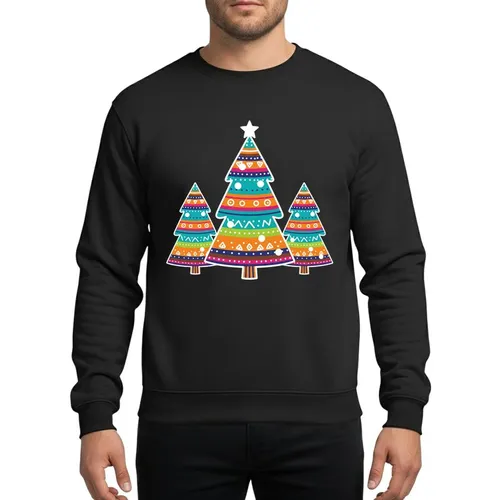 Holiday Enthusiasts' Folk Art Stylized Evergreen Trees, White-Outlined Star Tree, Vibrant Geometric Banded Patterns in Turquoise, Orange, Red, Lime, Magenta, Indigo Sweatshirt