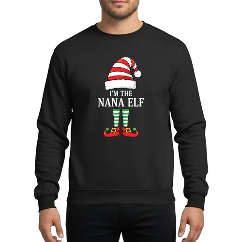 Women's Whimsical 'I'M THE NANA ELF' Red Green Striped Hat & Stockings Holiday Graphic Sweatshirt