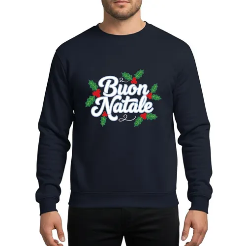 Italian Christmas Enthusiasts' Vibrant Hand-Lettered Buon Natale White Pale Blue Outline Script with Green Holly & Red Berries Sweatshirt