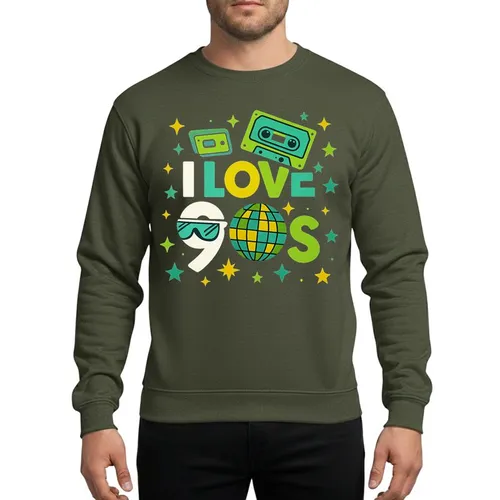 Retro Partygoer Vibrant 90s I LOVE 90S Neon Yellow Green Cyan Disco Ball Sunglasses Cassette Stars Sweatshirt