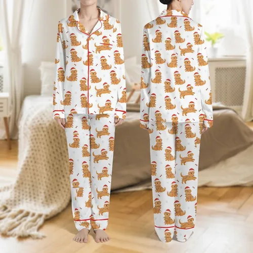 Golden Retriever Lovers' Seamless Flat Cartoon Golden Retrievers in Red Santa Hats & Multicolor Christmas Lights on White Background Satin Pajamas Set