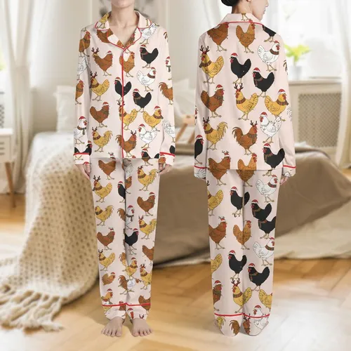 Family Christmas Enthusiasts' Whimsical Hand-Drawn Rooster & Hen Festive Red Green All-Over Blush Pink Satin Pajamas Set