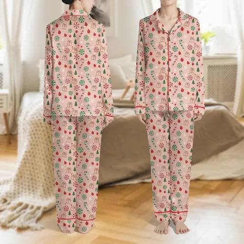 Women's Soft Blush Pink Whimsical Festive Scattered Red Green White Candy Canes Peppermint Swirls Snowflakes Satin Pajamas Set