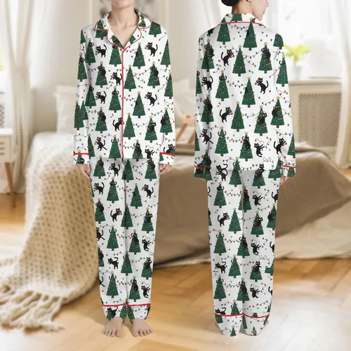 Women's Whimsical Black Cats Tangled in Multi-Color String Lights Dark Green Christmas Trees White Pattern Satin Pajamas Set