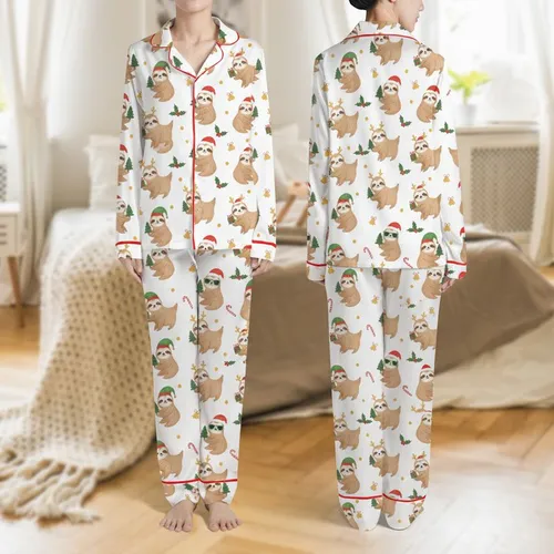 Sloth Lovers' Whimsical Christmas Sloths White Print with Red Santa Hats, Holly & Candy Canes Satin Pajamas Set