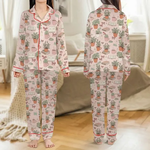 Book Lovers' Blush Pink Illustrative Potted Plants, Books, Coffee Mugs & Teal Chapter Notes Satin Pajamas Set