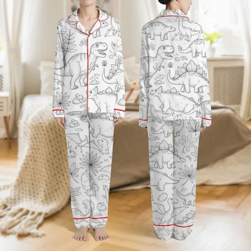 Prehistoric Fans' Whimsical Black White Hand-Drawn Dinosaurs & Lush Foliage Pattern Satin Pajamas Set
