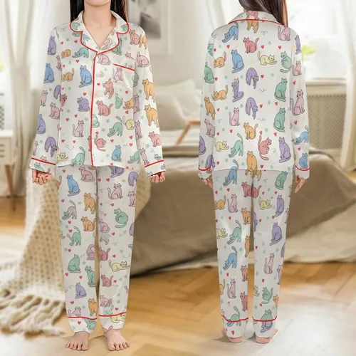 Women's Whimsical Cartoon Cats Pastel Rainbow Pattern with Hearts, Paw Prints on White Satin Pajamas Set