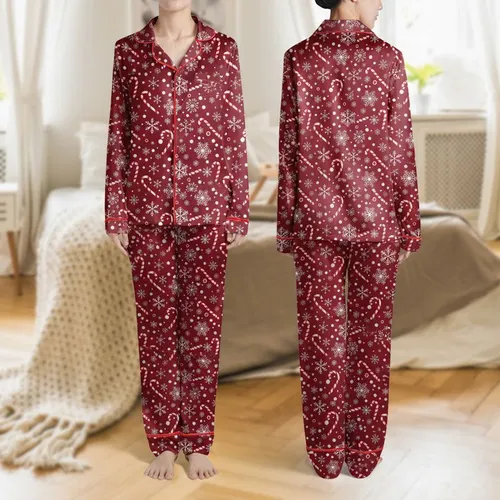 Christmas Season Families' Maroon Red Candy Cane Stripe & Intricate White Snowflake Pattern Satin Pajamas Set