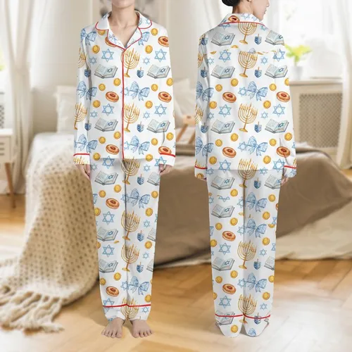 Women's Watercolor Light Blue Golden Hanukkah Menorah Dreidel Star of David Gelt Pattern Satin Pajamas Set