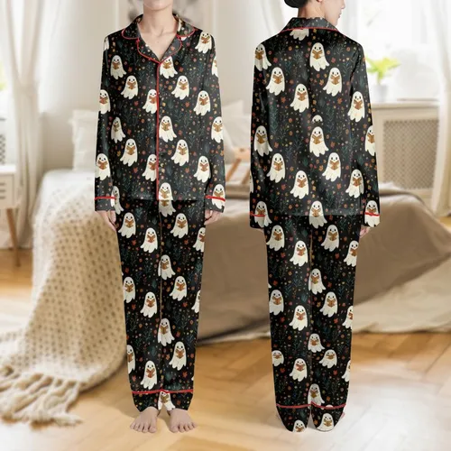 Women's Whimsical Charcoal Reading Ghosts Fall Foliage Golden Yellow Floral Art Satin Pajamas Set