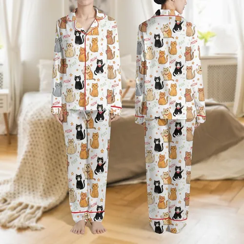 Women's Whimsical Hand-Drawn Cartoon Cats with Red Star Accents & Meow Purr Text Satin Pajamas Set