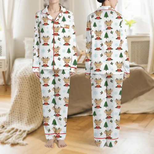 Women's Nostalgic Baby Reindeer Faces, Festive Red Bows, Green Trees, Pastel Snowflakes White Pattern Satin Pajamas Set