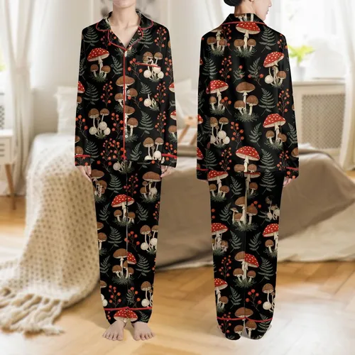 Nature Lovers' Whimsical Black Woodland Mushroom Fern Botanical Earthy Red Amanita Pattern Satin Pajamas Set