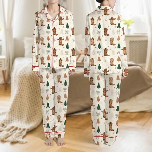 Rodeo Christmas Lovers' Whimsical Hand-Drawn Rustic Cowboy Christmas Pattern with Holly Boots, Festive Hats, & Stars on Cream Satin Pajamas Set