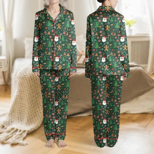 Family & Friends Deep Forest Green Festive Gingerbread Santa Snowflake Candy Vector Pattern Satin Pajamas Set