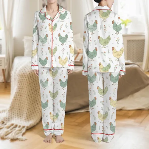 Women's Hand-Drawn Whimsical Chicken & Botanical Farm Pattern Muted Teal Sage Yellow Satin Pajamas Set
