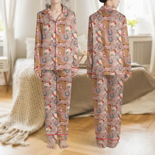 Cowgirl Style Lovers' Dusty Rose Pink Vintage Cowgirl Boots, Teal Horseshoes & Wildflower Pattern Satin Pajamas Set
