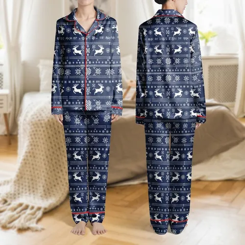 Family's Deep Navy White Traditional Fair Isle Reindeer Snowflake Geometric Motif Satin Pajamas Set